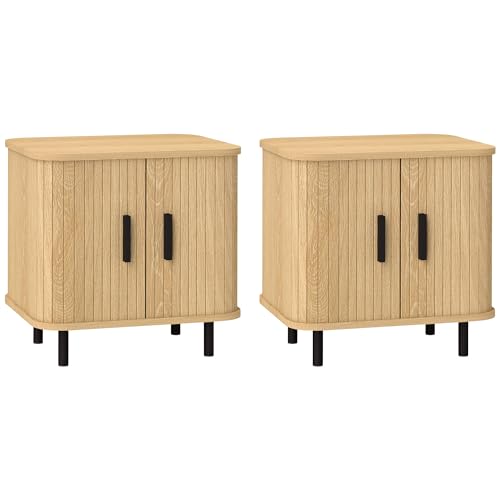 HOMCOM 2er-Set Nachttische im nordischen Stil mit 2 Etagen und Schiebetür, Nachttisch für das Schlafzimmer aus Holz und Stahl, 48x40x48 cm, Eiche von HOMCOM