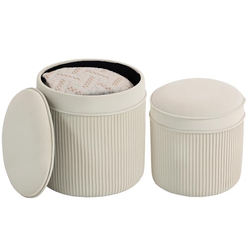 HOMCOM 2er Set Sitzhocker mit Stauraum Hocker mit Deckel, Runder Fußhocker Polsterhocker mit Samtoptik Ottomane 36 x 36 x 41,5 cm Cremeweiß von HOMCOM
