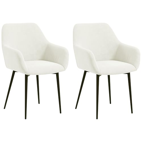 HOMCOM 2er-Set gepolsterte Esszimmerstühle im nordischen Stil, Küchenstühle aus Stoff mit Armlehnen und Stahlbeinen für das Wohnzimmer, 54x57x80 cm, Weiß-Creme von HOMCOM