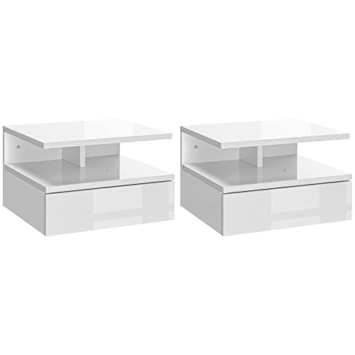 HOMCOM 2er-Set schwebende Nachttische Hängende Nachttische mit 1 Schublade und offenem Regal für das Schlafzimmer 35x32x22,5 cm Weiß glänzend von HOMCOM