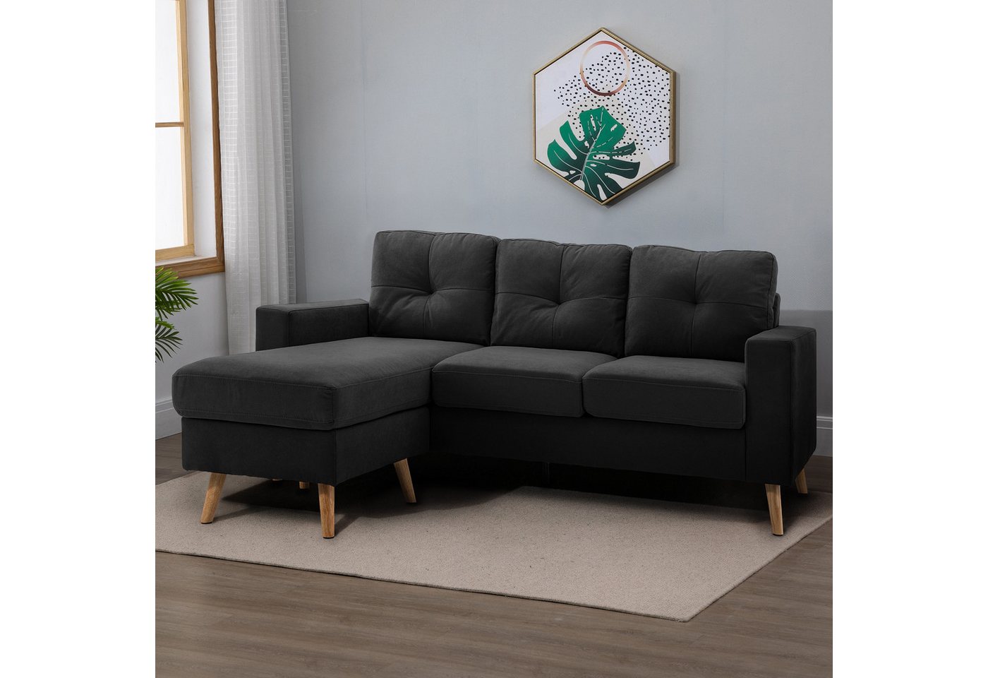 HOMCOM 3-Sitzer Eckcouch in L-Form, Eckgarnitur in Leinenoptik, Stoffsofa 1 Teile, für Wohnzimmer, Schwarz, 193 x 136 x 85 cm von HOMCOM
