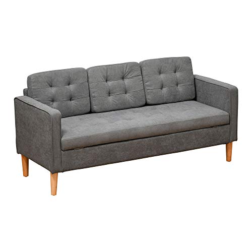 HOMCOM 3-Sitzer Sofa Stoffsofa Doppelsofa abnehmbar mit Kissen Gummiholz Baumwoll Grau 166,5 x 62 x 82 cm von HOMCOM