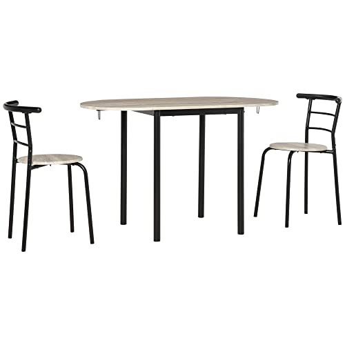 HOMCOM 3 TLG Esszimmergruppe Esstisch-Set mit 2 Stühlen und 1 Ovaler Tisch Küchentisch-Set Essgruppe mit klappbarer Tischplatte für kleine Raume Stahl MDF Natur+Schwarz 120 x 60 x 75 cm von HOMCOM