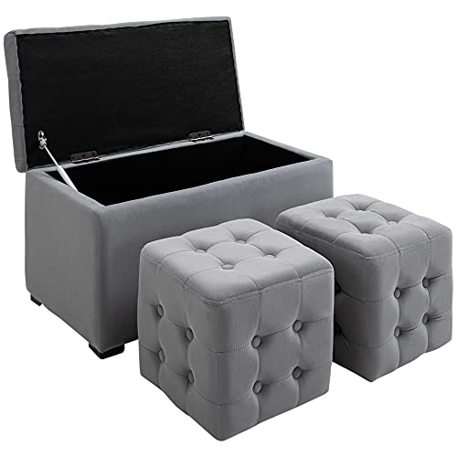 HOMCOM 3-teiliges Set mit Stauraum, 2 x Sitzhocker, Polster-Sitztruhe, Fußhocker, Aufbewahrungsbox, Fußablage, belastbar bis 130 kg, Mikrofaserstoff, Schaumstoff, 75 x 40 x 42 cm, Hellgrau von HOMCOM