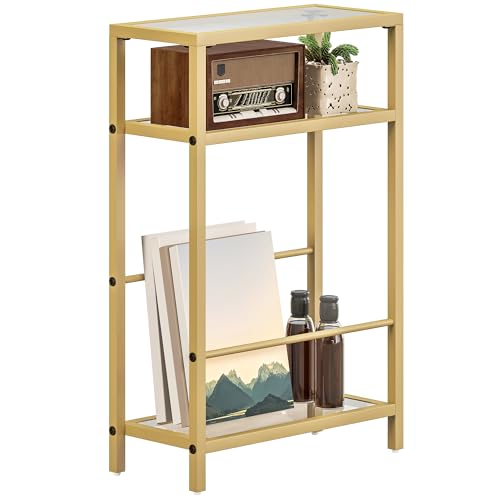 HOMCOM 3-Tier Beistelltisch, Schmaler Beistelltisch mit Ablagefläche und Tischplatte aus gehärtetem Glas für kleine Räume, Schlafzimmer, Wohnzimmer, Eingangsbereich, Gold-Ton von HOMCOM