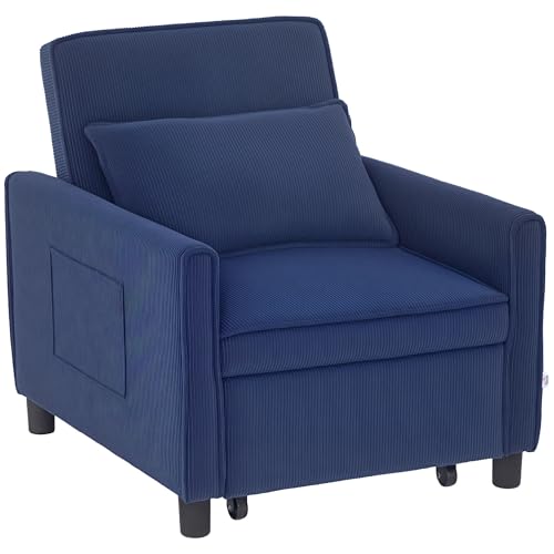 HOMCOM 3-in-1 Schlafsessel, Klappbett mit Bettfunktion, Lendenkissen, Klappbar Liegestuhl mit Verstellbarer Rückenlehne, Rollen, Seitentasche, für Wohnzimmer, Kord, Blau von HOMCOM