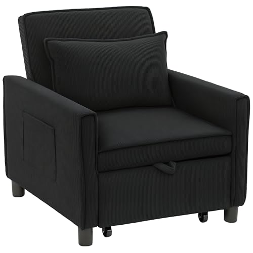 HOMCOM 3-in-1 Schlafsessel, Klappbett mit Bettfunktion, Lendenkissen, Klappbar Liegestuhl mit Verstellbarer Rückenlehne, Rollen, Seitentasche, für Wohnzimmer, Kord, Schwarz von HOMCOM