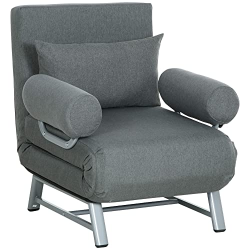 HOMCOM 3 in 1 Schlafsessel, Schlafsofa mit Bettfunktion, Zierkissen, klappbarer Relaxsessel mit Verstellbarer Rückenlehne Armlehne Liegestuhl in Leinenoptik, für Wohnzimmer, Dunkelgrau von HOMCOM