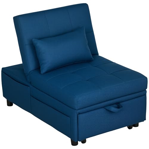 HOMCOM 3-in-1 Schlafsessel mit Bettfunktion, ausziehbares Schlafsofa, Schlafstuhl mit Seitentasche, Verstellbarer Rückenlehne, bis 150 kg belastbar, für Wohnzimmer,Schlafzimmer, Blau von HOMCOM