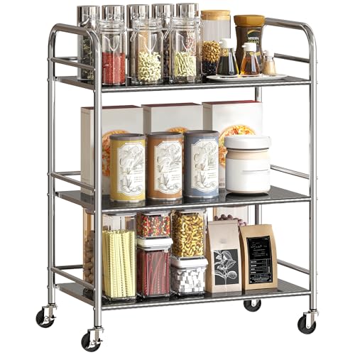 HOMCOM 3-stufiger Küchenwagen mit verstellbarem Mittelboden und erhöhten Kanten, Edelstahl-Küchenwagen 201 mit 4 Rädern und 2 Bremsen, 60x35x77 cm, Silber von HOMCOM
