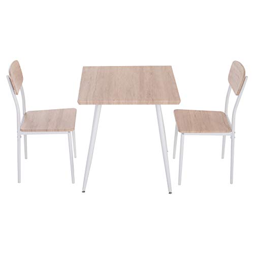 HOMCOM 3-teilige Essgruppe Esszimmergruppe Küchentisch mit Metallgestell Sitzgruppe Esstisch Set Holzmaserung MDF, Metall, Nautr+Weiß mit 1 Tisch + 2 Stühlen von HOMCOM