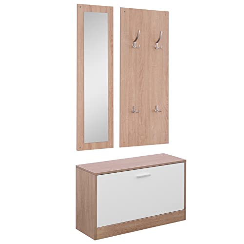 HOMCOM 3-teiliges Garderoben-Set Flurgaderobe mit Schuhschrank Garderobe Wandspiegel 4 Haken Natur 30 x 100 cm (Spiegel) von HOMCOM