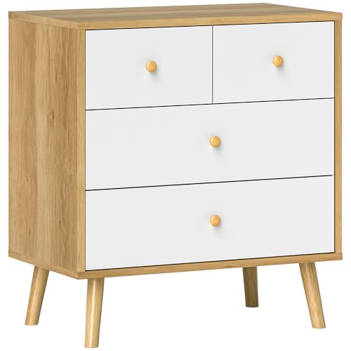 HOMCOM 4 Schubladen Kommode Schlafzimmer Kommode mit hölzernen Griffen Schmale Kommode für Wohnzimmer Flur 60x35x65 cm Eiche und Weiß von HOMCOM