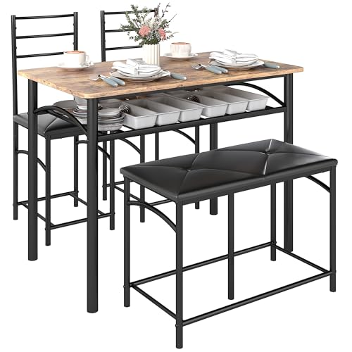 HOMCOM 4-TLG. Essgruppe, Esstisch mit 2 Stühlen, Bank, Platzsparende Esszimmergruppe, Esstisch-Set für kleine Räume, Küche, Esszimmer, Braun von HOMCOM