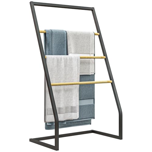 HOMCOM 4-Tier Bamboo and Steel Towel Rack, Freestanding Towel Rail for Small Space, Bathroom and Laundry Room, Black and Natural Wood Finish von HOMCOM