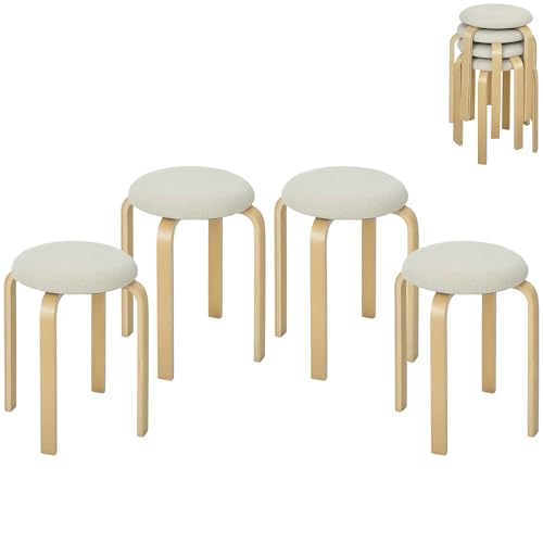 HOMCOM 4er Set Esszimmerhocker Stapelhocker Runde Hocker, Küchenhocker mit Leinenoptik, Polsterhocker für Esszimmer, Wohnzimmer, Küche, Cremeweiß von HOMCOM