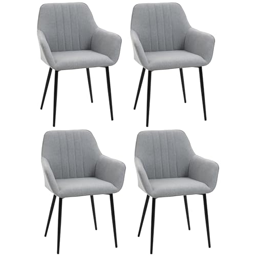 HOMCOM 4er Set Esszimmerstühle Essstühle Polsterstuhl mit atmungsaktivem Leinenbezug Wohnzimmerstuhl Sessel Küchenstuhl mit Rückenlehne Armlehne Leinen Hellgrau 59,5 x 56,5 x 81 cm von HOMCOM