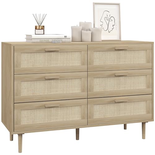 HOMCOM 6 Schubladen Kommode mit Rattanfront, Schlafzimmer Kommode mit Holzbeinen, für Wohnzimmer, Büro, Bohemian Style, 110x40x75 cm, Eiche von HOMCOM