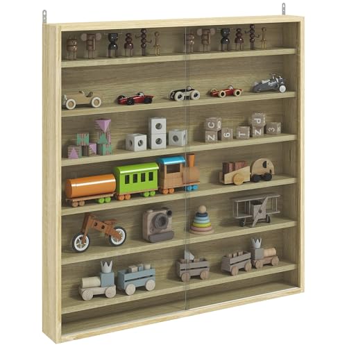 HOMCOM 7-Etagen Wandvitrine, Vitrine mit 6 verstellbaren Einlegeböden, Glastüren für Home Office Ornamente 83x80cm, Eiche von HOMCOM