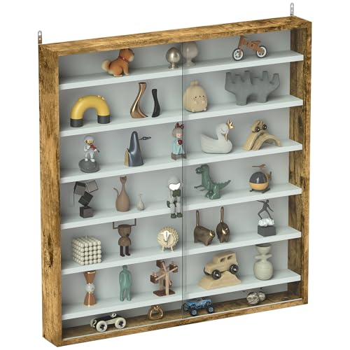 HOMCOM 7-Etagen Wandvitrine, Vitrine mit 6 verstellbaren Einlegeböden, Glastüren für Home Office Ornamente 83x80cm, Rustikales Braun von HOMCOM