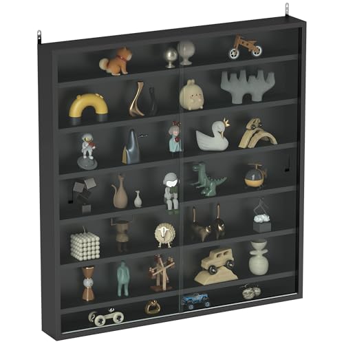 HOMCOM 7-Etagen Wandvitrine, Vitrine mit 6 verstellbaren Einlegeböden, Glastüren für Home Office Ornamente 83x80cm, Schwarz von HOMCOM