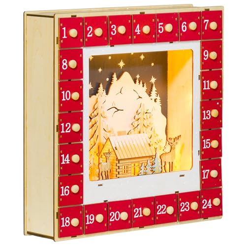 HOMCOM Adventskalender zum Befüllen 24 Schubladen Fächer Weihnachtskalender mit LED-Lichtern Adventskalenderbox Weihnachtsdekoration DIY MDF 34 x 7 x 34 cm Rot von HOMCOM