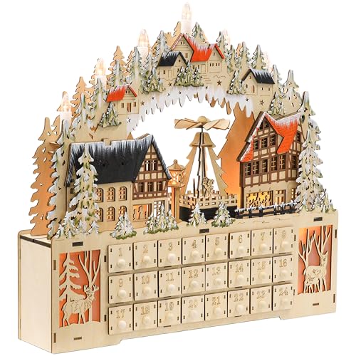 HOMCOM Adventskalender zum Befüllen 24 Schubladen Fächer Weihnachtskalender mit LED-Lichtern Adventskalenderbox Weihnachtsdekoration DIY MDF Naturholz 45 x 9 x 42,5 cm von HOMCOM