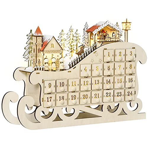 HOMCOM Adventskalender zum Befüllen 24 Schubladen Fächer Weihnachtskalender mit LED-Lichtern Schlitten-Form Adventskalenderbox Weihnachtsdekoration DIY Sperrholz-Platte Naturholz 45 x 10 x 31 cm von HOMCOM