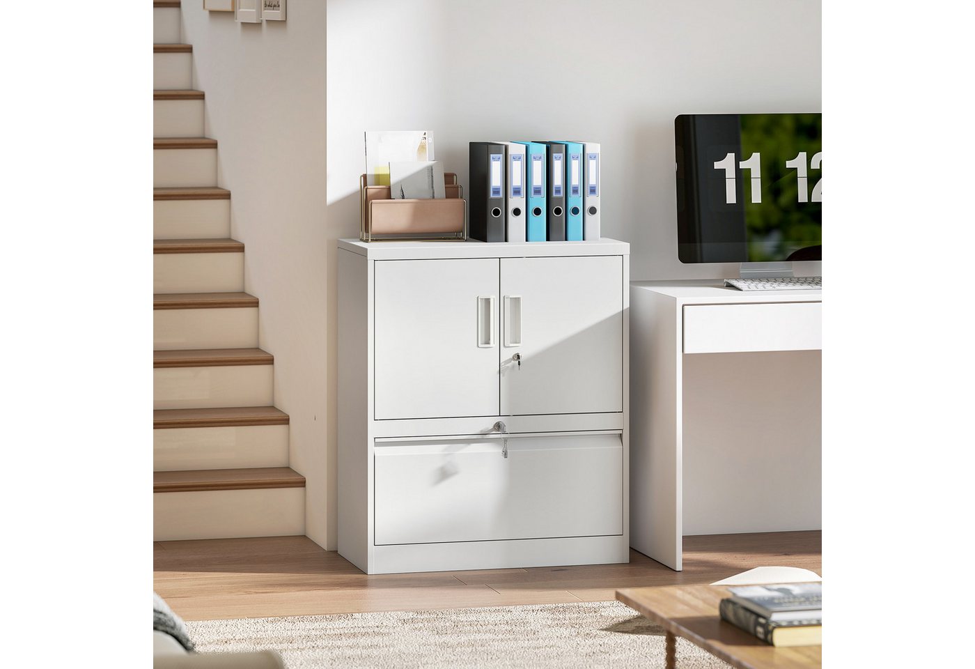 HOMCOM Aktenschrank mit 10-stufig verstellbarem Regal (Büroschrank, 1-St., Metallschrank) abschließbare Türen und Schubladen, Weiß von HOMCOM