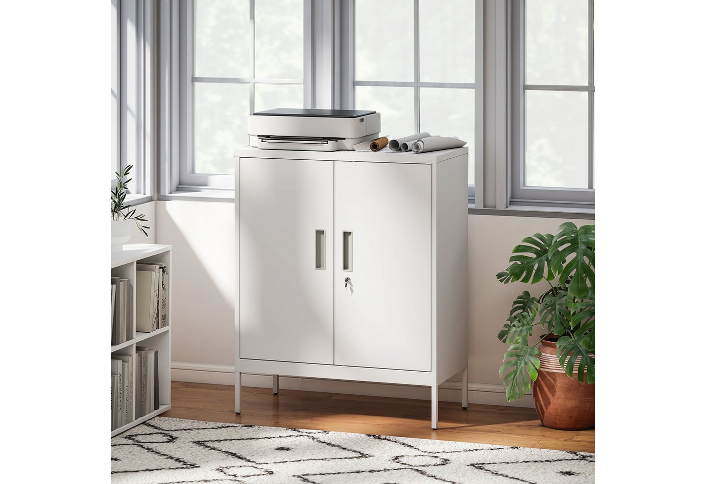 HOMCOM Aktenschrank mit 2 Türen, 2 höhenverstellbaren Einlegeböden, Schloss (abschließbar Büroschrank, 1-St., Aufbewahrungsschrank) aus Stahl, für Büro, Arbeitszimmer, 80 x 40 x 100 cm, Weiß von HOMCOM