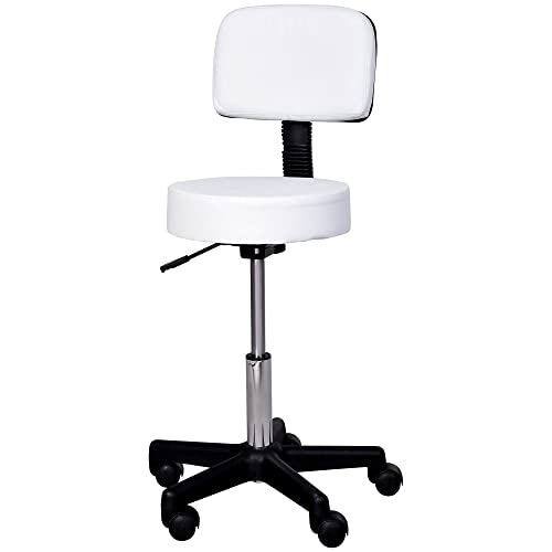 HOMCOM Rollhocker Höhenverstellbarer Arbeitshocker mit Lehne, Drehbarer Salon Hocker für Massage Büro Kunstleder Weiß Ø35 x 72-84 cm von HOMCOM