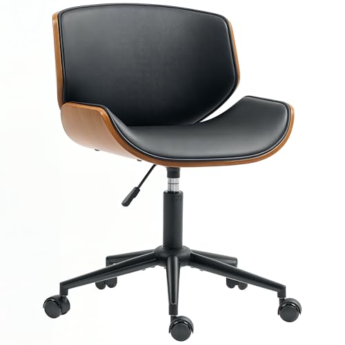 HOMCOM Armless Office Chair Vintage Desk Chair Swivel Upholstered Desk PU Upholstered Curved Wood Adjustable Height Adjustable Backrest Curved Tilting Function Black and Brown von HOMCOM