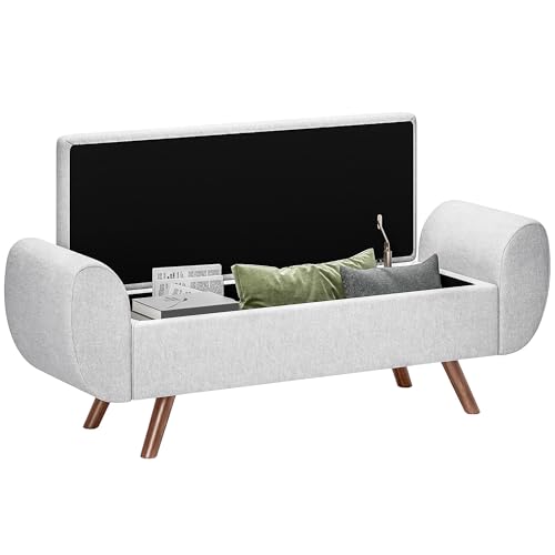 HOMCOM Aufbewahrungsbank, 53,8 l, Sitzsack, Wohnzimmer, Bettkasten, Stauraum, Fußstütze mit gepolstertem Sitz aus Leinen und Armlehnen, für Wohnzimmer, Schlafzimmer, Eingang, 132 x 42 x 50 cm, Grau von HOMCOM