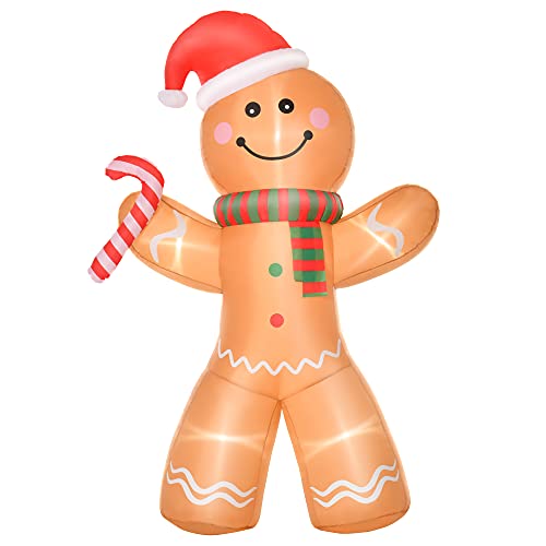 HOMCOM Aufblasbarer Lebkuchenmann, 2,4 m Weihnachtsdekoration mit LED-Lichtern, Automatisches Aufblasen, Wetterfest, Polyester, 170 x 65 x 240 cm von HOMCOM