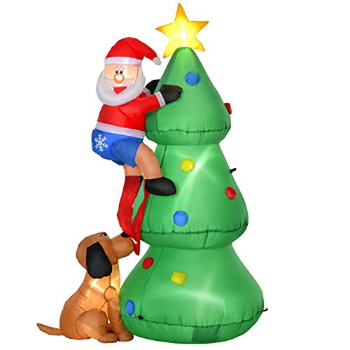 HOMCOM Aufblasbarer Weihnachtsbaum mit Weihnachtsmann und dem Hund 180 cm Weihnachtsdeko Weihnachtsbeleuchtung LED Selbstaufblasend Polyester Grün 123 x 85 x 180 cm von HOMCOM