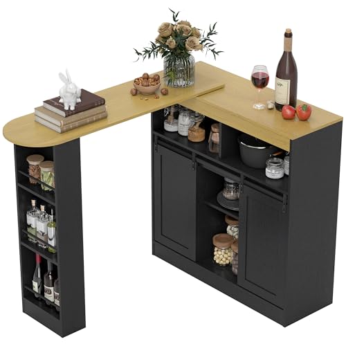 HOMCOM Ausziehbarer Bartisch 360°drehbarer Esstisch mit Stauraum Stehtisch Bistrotisch Küchentheke mit 8 Ablageflächen und 2 Schiebetüren für Esszimmer 187,5 x 35 x 105 cm Schwarz von HOMCOM