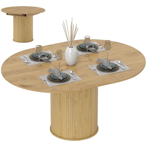 HOMCOM Ausziehbarer Esstisch für 6-8 Personen mit abnehmbaren Platten, 110cm-150cm Ausziehbarer Runder Tisch mit MDF und Stahlsockel, für Esszimmer, Wohnzimmer, Holzfarbe von HOMCOM