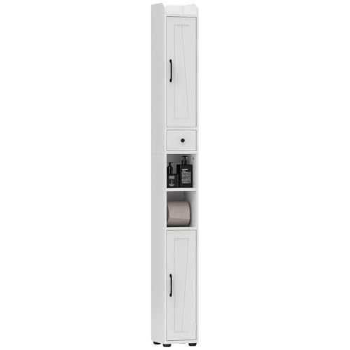 HOMCOM Badezimmer Hochschrank mit 2 Türen Schublade Offenes Fach Verstellbare Einlegeböden und Toilettenpapierhalter Rustikaler Badezimmer Hochschrank 20x20x185 cm Weiß von HOMCOM