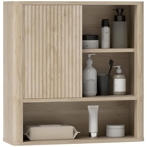 HOMCOM Badezimmer-Wandschrank Hängender Badezimmerschrank mit verstellbaren Einlegeböden Schiebetür Fächer und Design mit gebogenem Profil 60x20x62 cm Natur HOMCOM Badezimmer-Wandschrank Hängender Badezimmerschrank mit verstellbaren Einlegeböden Schiebetür Fächer und Design mit gebogenem Profil 60x20x62 cm Natur von HOMCOM