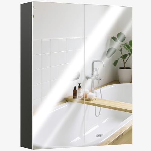 HOMCOM Badezimmer-Wandschrank Zwei Türen mit Spiegel und 2 Einlegeböden, MDF-Badezimmerschrank mit Spiegel und Soft Close, 60x15x75 cm, Schwarz von HOMCOM