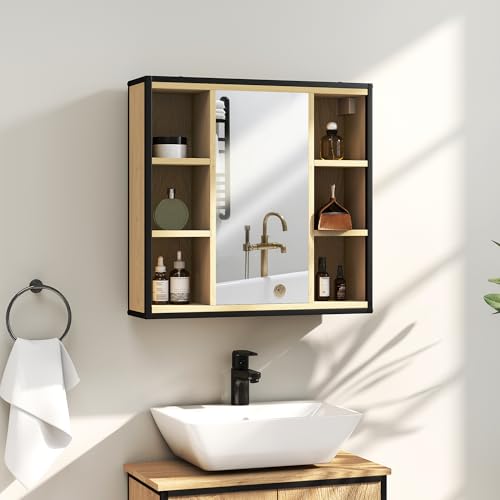 HOMCOM Badezimmer Wandschrank mit Spiegel, 52 x 24,5 cm, Badezimmermöbel, Spiegelschrank mit 6 offenen Fächern und verstellbarem Regal, Eiche von HOMCOM