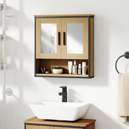 HOMCOM Badezimmer Wandschrank mit Spiegel, Badezimmermöbel, Spiegelschrank mit offenem Fach und verstellbarem Regal, Eiche von HOMCOM