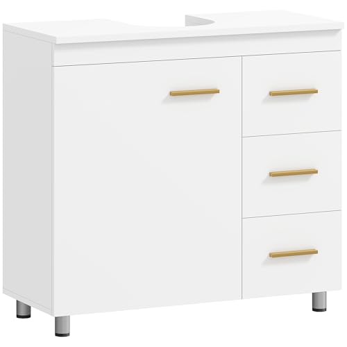 HOMCOM Badezimmer Waschbeckenschrank mit 3 Schubladen, 3 Fachböden und Soft Close, platzsparender U-Schnitt Waschbeckenschrank, für Waschbecken mit und ohne Sockel, 70x30x65cm, Weiß von HOMCOM