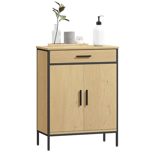 HOMCOM Badezimmermöbel, Aufbewahrungsmöbel mit Schublade, Schrank mit Tür, verstellbarem Regal und Scharnieren mit Verschluss, Schrank für Badezimmer, Küche, Wohnzimmer, 60 x 30 x 80 cm, Eiche von HOMCOM