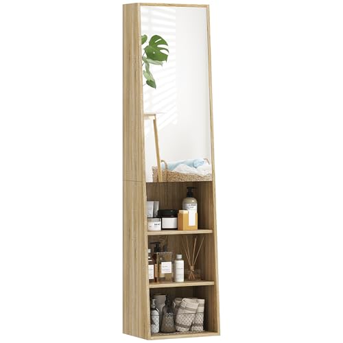 HOMCOM Badezimmermöbel Säulenschrank schlankes trapezförmiges Aufbewahrungsmöbel mit Spiegeltür, Regal auf 6 Ebenen, Badezimmerschrank für kleine Räume, 40 x 30 x 165 cm, Naturholz von HOMCOM