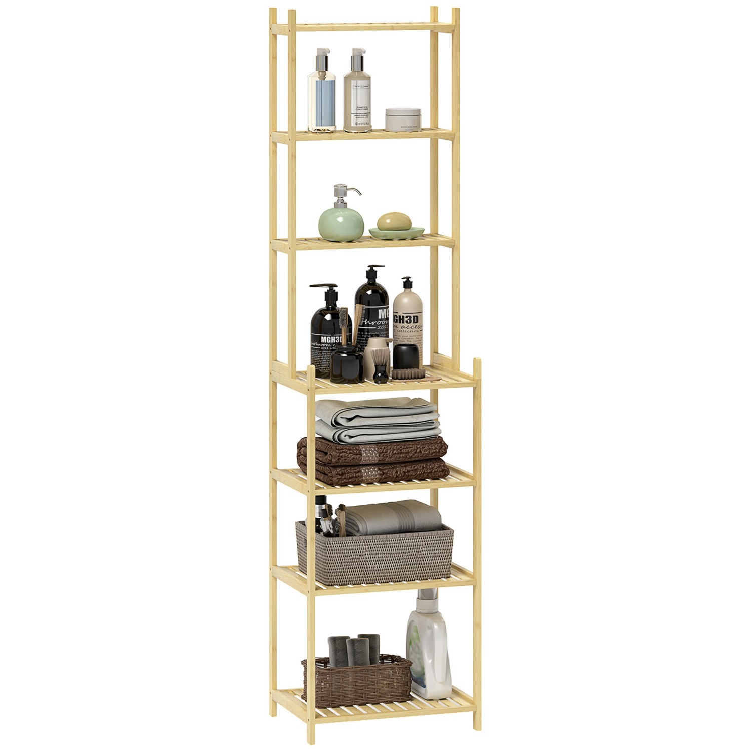 HOMCOM Badezimmerregal mit 7 Ebenen Bambus Naturholz 44L x 33B x 180H cm von HOMCOM