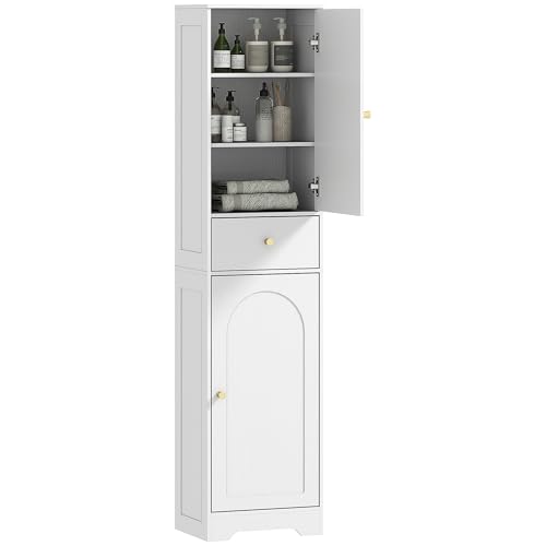 HOMCOM Badezimmerschrank, hoch, Aufbewahrungsschrank mit Schränken, verstellbaren Schubladen und Regalen, groß, schmal, für kleine Räume, 40 x 29,5 x 170 cm, Weiß von HOMCOM
