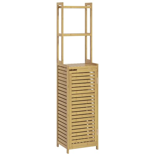 HOMCOM Badezimmerschrank aus Bambus Badschrank mit Schrankfach, Toilettenschrank mit 3 Offen Fächern, Kippschutz, für Bad, Naturholz, 38,5 x 33 x 170 cm von HOMCOM