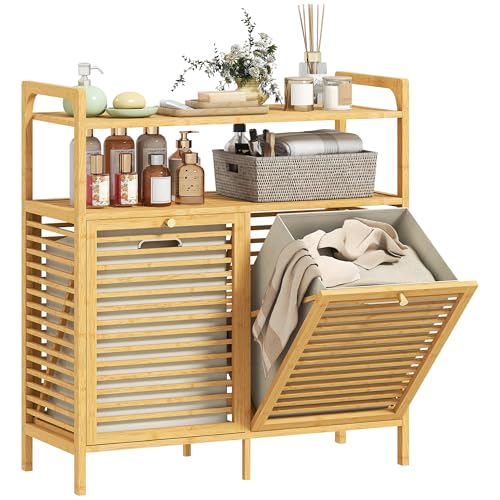 HOMCOM Badezimmerschrank mit 2 herausnehmbaren Wäschekörben Wäscheschrank aus Bambus mit 2 Ablagefächern Badschrank mit Griffen, Wäschesammler, Badmöbel für Badezimmer Natur 82 x 33 x 88 cm von HOMCOM