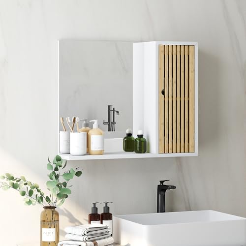 HOMCOM Badezimmerschrank mit Spiegel, Badezimmerspiegel mit Ablage, Lamellentür aus Bambus und verstellbarem Regal, 60 x 14 x 50 cm, Weiß von HOMCOM